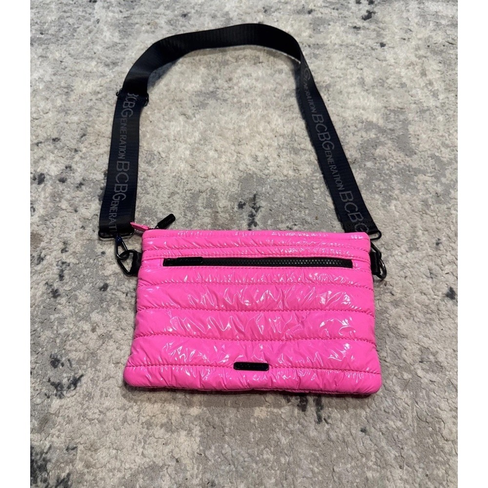 BCBGeneration Pink Quilted Crossbody Bag Black Logo Strap Zip Snap Womens
